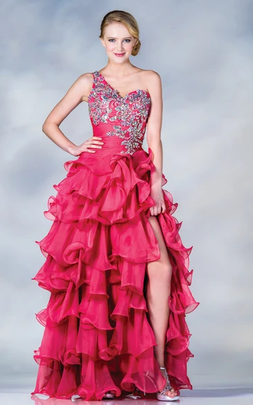 A-Line One-Shoulder Sleeveless Organza Dress With Tiers And Split Front
