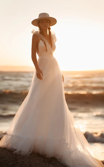 V-neck Romantic Straps Tulle Ethereal Beach Wedding Dress with Chapel Train Backless