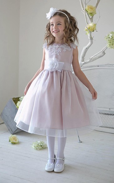 Split-Front Tea-Length Appliqued Beaded Lace&Sequins Flower Girl Dress With Tiers