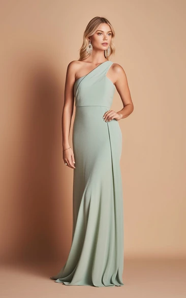 Modest Chiffon Sheath One-shoulder Bridesmaid Dress in 2023 Floor-length