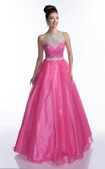 A-Line Tulle Sleeveless Prom Dress With Lace Bodice And Shining Rhinestones