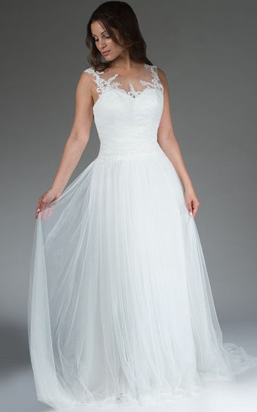Illusion Neck Embroidered Top A-Line Bridal Gown With Tulle Skirt