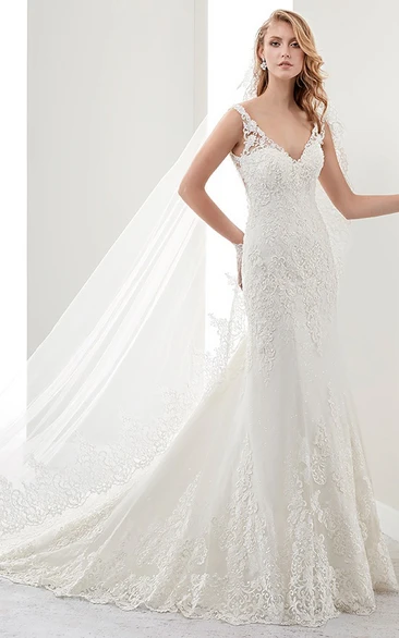 V-Neck Mermaid Sheath Lace Bridal Gown With Illusive Appliques Straps And Open Back