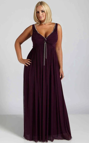 V-Neck Ruched Sleeveless Floor-Length Empire Chiffon Plus Size Prom Dress With Pleats And Beading