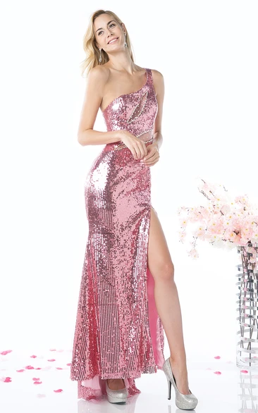 Sheath High-Low One-Shoulder Sleeveless Sequins Dress With Split Front