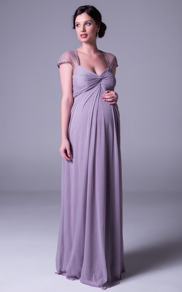 Ruched Cap Sleeve V-Neck Empire Chiffon Bridesmaid Dress With Lace And Keyhole