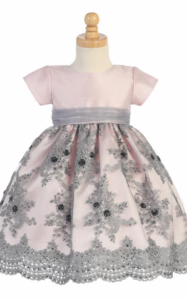 Tea-Length Embroideried Floral Tulle&Sequins Flower Girl Dress With Sash