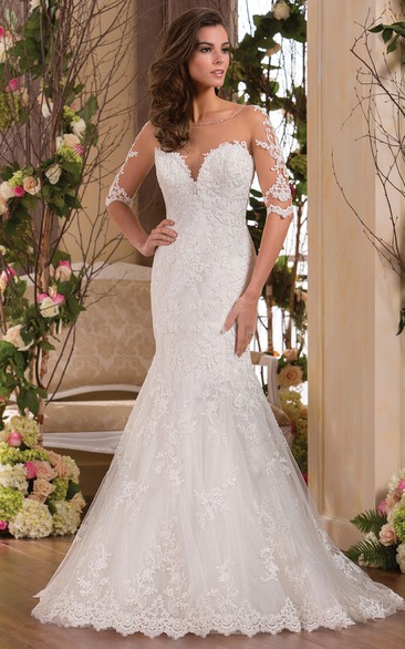 Half-Sleeved Mermaid Gown With Illusion Appliqued Bodice