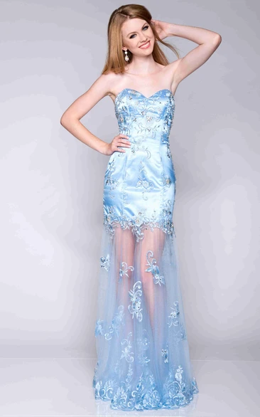 Appliqued Satin And Tulle Sheath Prom Dress With Sweetheart Neck