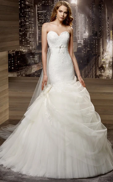 Sweetheart Sheath Mermaid Lace Gown With Ruffles Overlayer And Open Back