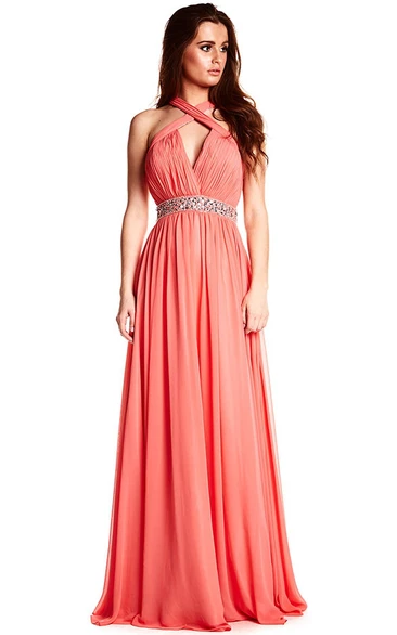 Halter Sleeveless Ruched Chiffon Prom Dress With Beading And Straps