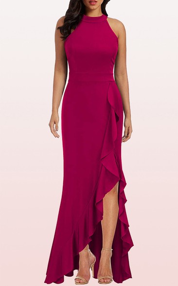 Elegant Halter Sheath Jersey Sleeveless Guest Dress With Split Front and Ruffles