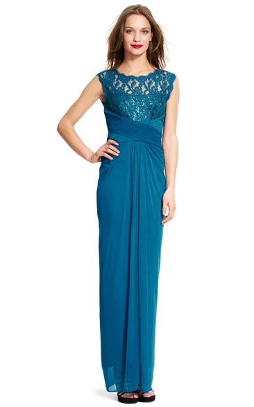 Pencil Scoop-Neck Sleeveless Ruched Chiffon Bridesmaid Dress With Lace And Zipper