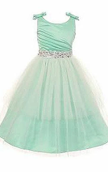 Mini Jewel Pleated Tiered Tulle&Satin Flower Girl Dress With Ribbon
