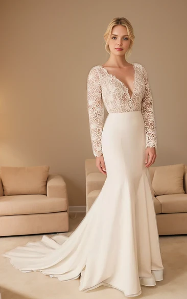 Sexy Deep-V-neck Long Sleeve Wedding Dress Winter Mermaid Satin Bridal Gown with Lace Appliques