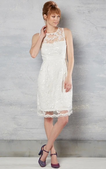 Sleeveless Knee-Length Scoop-Neck Lace Wedding Dress With Appliques