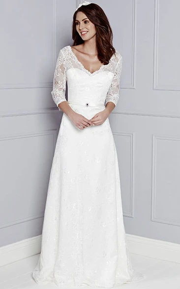 V-Neck Appliqued 3-4-Sleeve Long Lace Wedding Dress