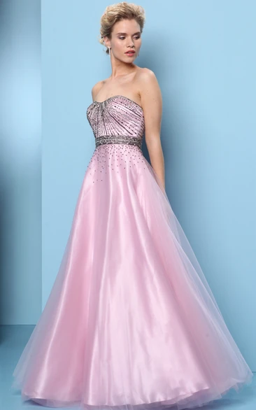 A-Line Beaded Long Sleeveless Sweetheart Tulle&Satin Prom Dress