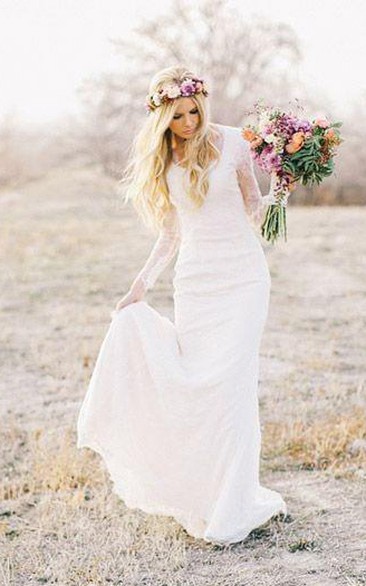 Sheath V-Neck Long Illusion Sleeve Court Train Lace Wedding Dress