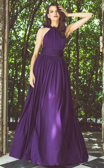 Casual Convertible Halter Neckline Jersey Bridesmaid Dress With Cross Back And Pleats