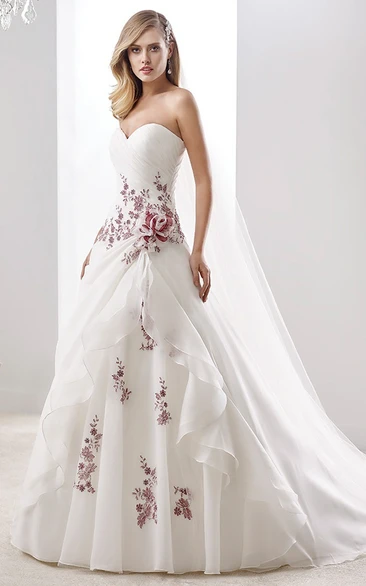 Sweetheart Pleated A-Line Floral Wedding Dress With Lace-Up Back And Side Draping Ruffles