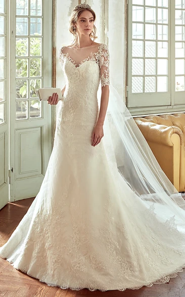 Sweetheart Lace Wedding Dress with Half Sleeves and Illusive Back
