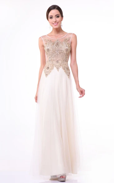 A-Line Ankle-Length Scoop-Neck Sleeveless Tulle Illusion Dress With Beading