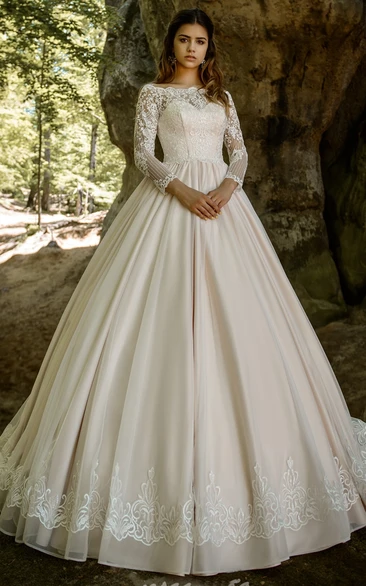Off-the-shoulder Ball Gown Organza Wedding Dress with Appliques and Ruching