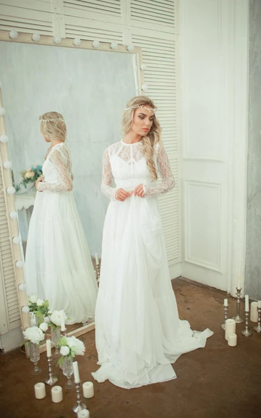 Long Sleeve Lace Bodice Chiffon Skirt A-Line Wedding Dress