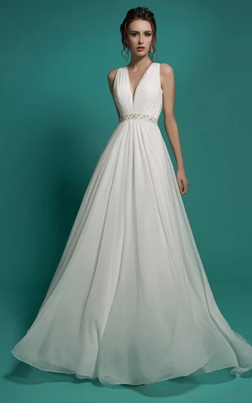 A-Line Floor-Length V-Neck Sleeveless Empire Illusion Chiffon Dress With Beading And Ruching
