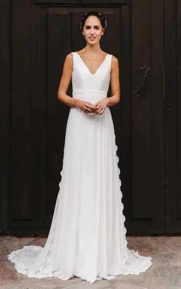 Romantic Chiffon A-Line Wedding Dress with V-Neck and Chapel Train
