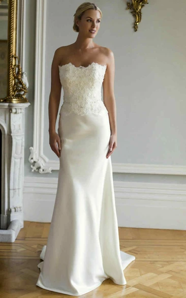 Sheath Floor-Length Strapless Sleeveless Appliqued Satin Wedding Dress