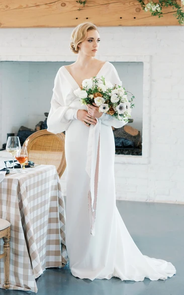 Sheath V-neck Satin Simple Wedding Dress With Court Train And Poet Sleeve