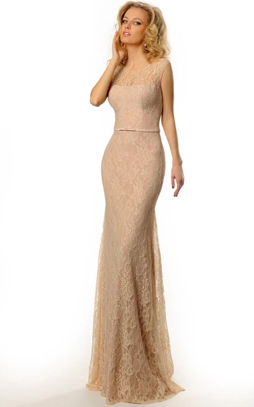 Pencil Appliqued Floor-Length Scoop Sleeveless Lace Prom Dress With Low-V Back And Sweep Train