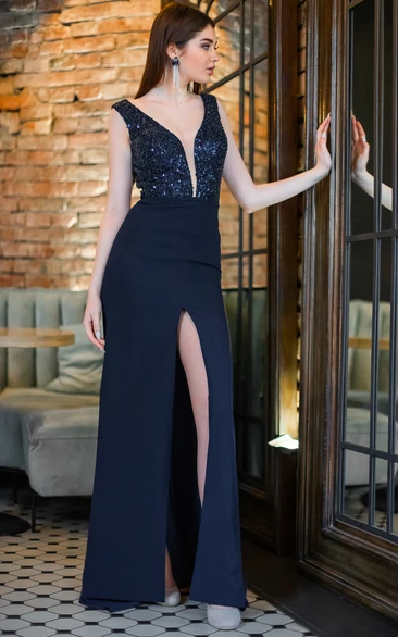 Luxury Sheath Sequins Plunging Neckline Floor-length Sleeveless Evening Dress With Split Front