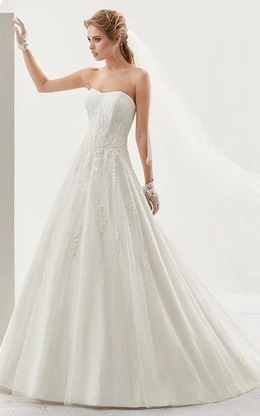 Strapless A-Line Lace Bridal Gown With Fine Appliques And Brush Train