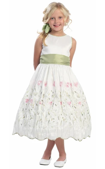 Floral Tea-Length Bowed Taffeta Flower Girl Dress With Embroidery