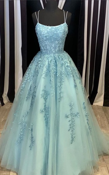 Ethereal Lace Floor-length Sleeveless Ball Gown Spaghetti Prom Dress with Appliques