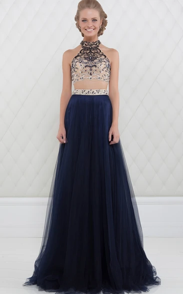 A-Line High-Neck Maxi Beaded Sleeveless Tulle Prom Dress