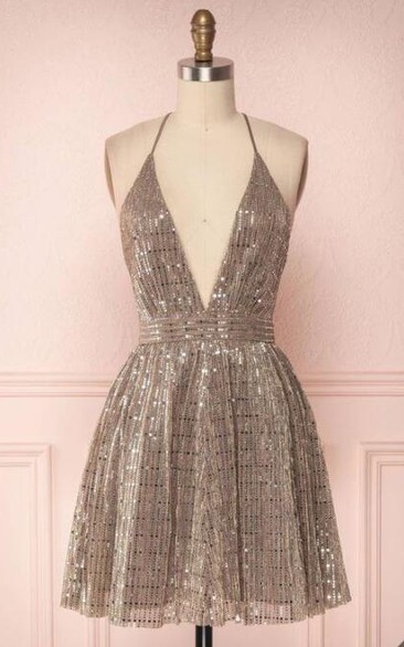 Romantic Short A Line Sequins Homecoming Dress With Spaghetti Neckline And Sequins