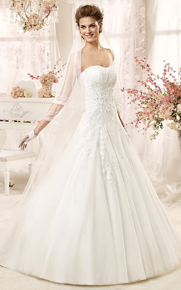 Strapless A-line Wedding Gown with Lace Appliques and Brush Train