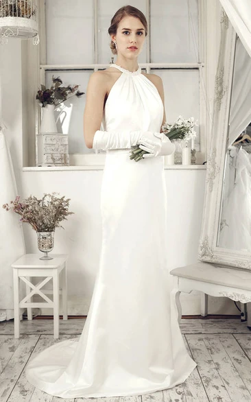 Sheath High Neck Sleeveless Beaded Floor-Length Satin Wedding Dress With Bow