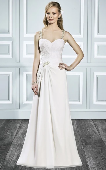 A-Line Sleeveless Criss-Cross Long Wedding Dress With Beading And Draping