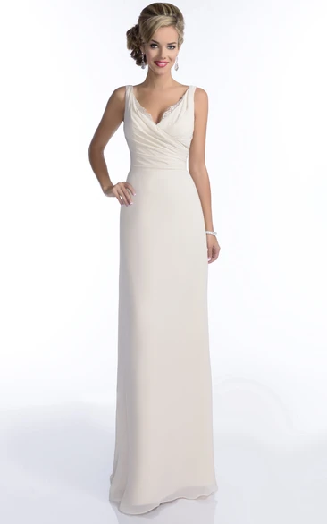 Crisscross V-Neck Sleeveless A-Line Chiffon Bridesmaid Dress Featuring Lace Trim