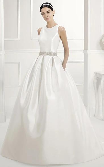 Modest Scoop Neck Taffeta Bridal Gown With Lace Sash And Criss-Cross Back