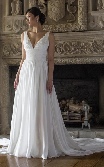 A-Line V-Neck Ruched Sleeveless Floor-Length Chiffon Wedding Dress With Pleats And Flower