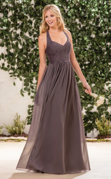 Halter V-Neck A-Line Bridesmaid Dress With Lace Bodice And Pleats