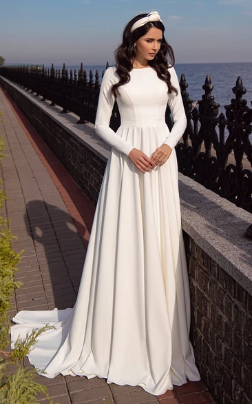 Simple Jewel Neck A Line Sweep Train Satin Wedding Dress with Ruching