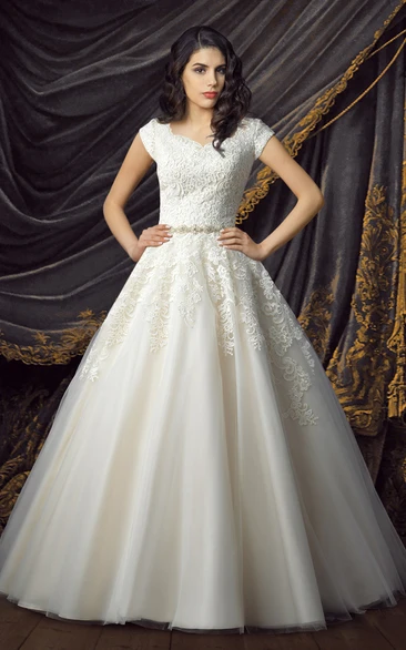 Royal Cap Sleeve Queen Anne Neckline Ball Gown Court Train Wedding Dress with Appliques and Waist Jewelry