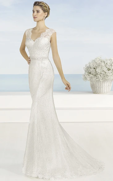 Sheath Floor-Length V-Neck Sleeveless Lace Wedding Dress With Waist Jewellery And Illusion